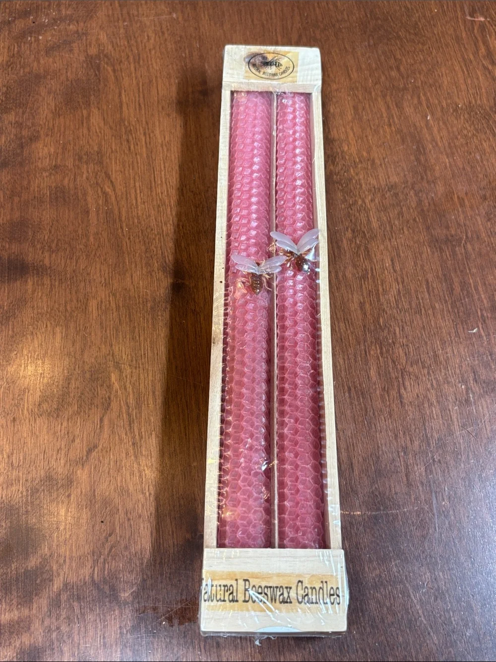 Source Unknown Pink Beeswax Taper Candles with Bee Accents